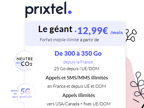 🔖 Prixtel, forfait 5G illimité/de 300Go à 350Go dès 13€/mois
