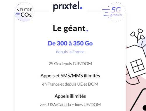 🔖 Prixtel, illimité/de 300Go à 350Go en 5G dès 14€/mois (sans limite)