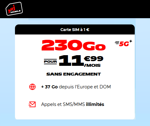 🔖 NRJ Mobile, illimité/230Go en 5G à 12€/mois (sans limite)