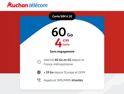 Auchan Telecom forfait 60Go 5€