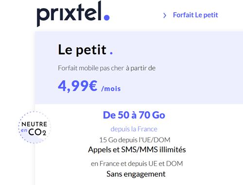 Forfait sans engagement 4G de Prixtel avec 50Go à 5€ par mois et la carte SIM à 10€