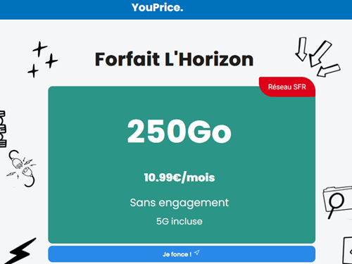🔖 Youprice (SFR), illimité/250Go en 5G à 11€/mois (sans limite)
