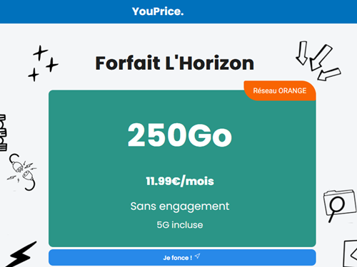 🔖 Youprice (Orange), illimité/250Go en 5G à 12€/mois (sans limite)