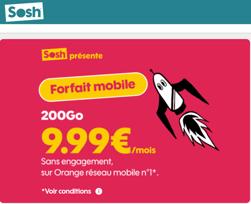 🔥 Sosh, illimité/200Go à 10€/mois (sans limite)