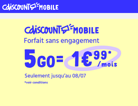 CDiscount Mobile forfait 5Go à 2€ par mois