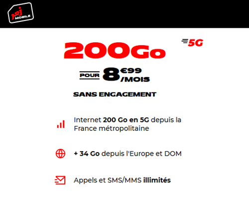 NRJ Mobile forfait 5G 200Go 9€