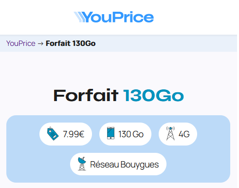 Youprice forfait 4G 130Go 8€