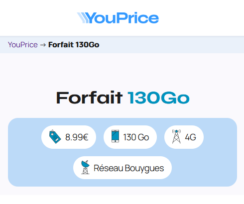 Youprice forfait 4G 130Go 9€