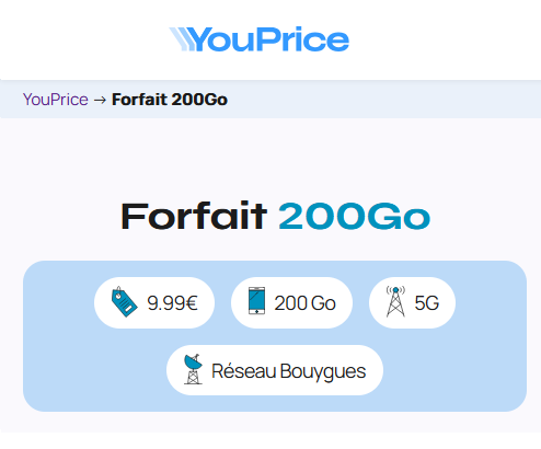 Youprice forfait 5G 200Go 10€