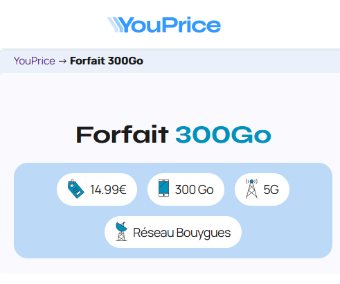 Youprice forfait 5G 300Go 15€