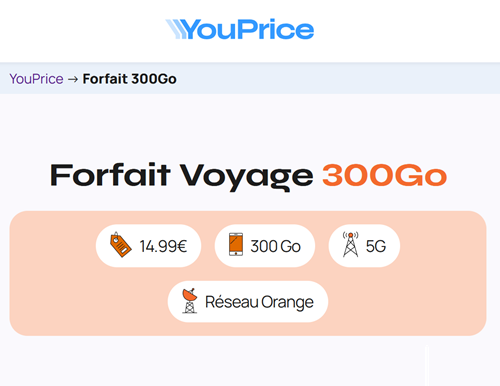Youprice forfait 5G 300Go Voyage réseau Orange