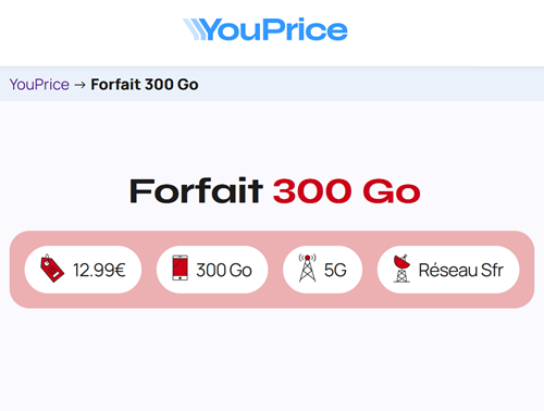 Youprice forfait 5G 300Go réseau SFR