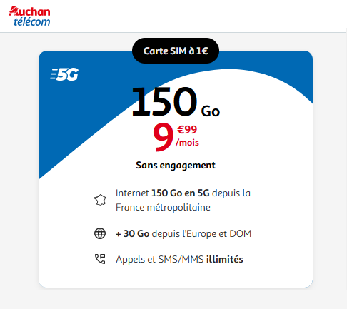Auchan Telecom forfait 5G 150Go