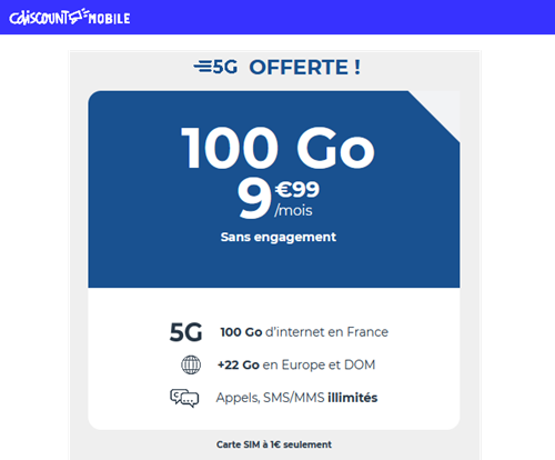 Cdiscount mobile forfait 5G 100Go 10€