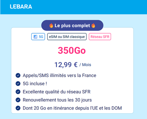 Lebara forfait 5G 350Go