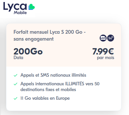 Lyca forfait 5G 200Go 8€